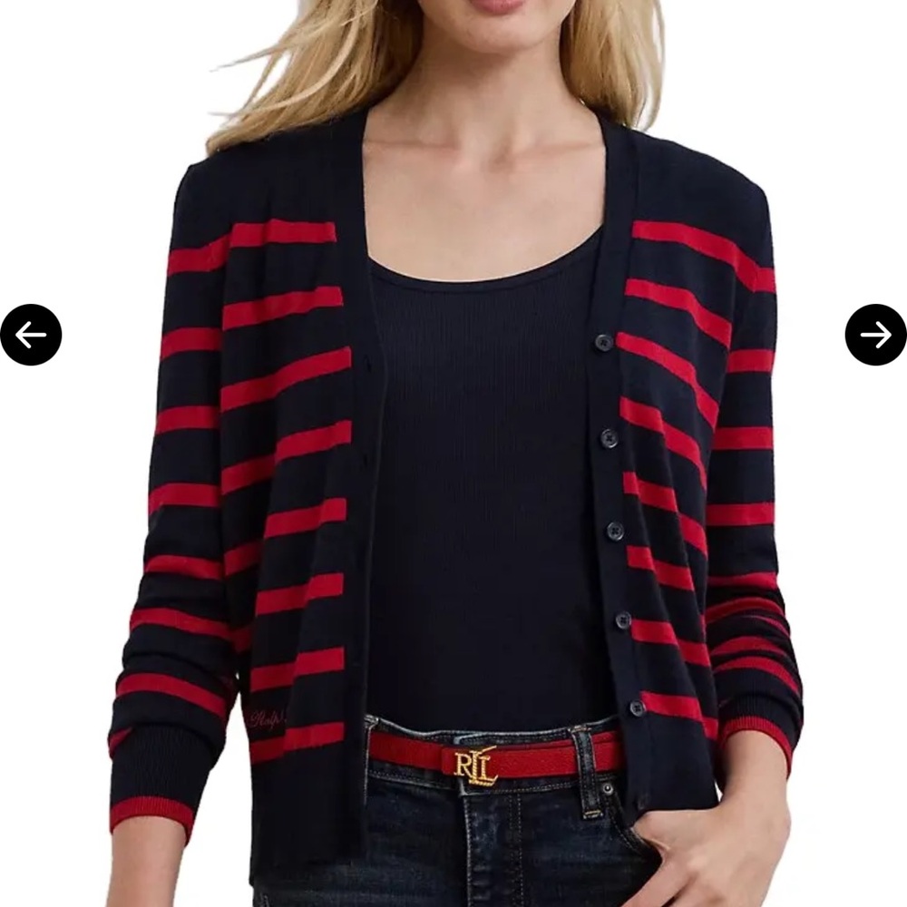 Lauren Ralph Lauren Navy and Red Striped Cardigan